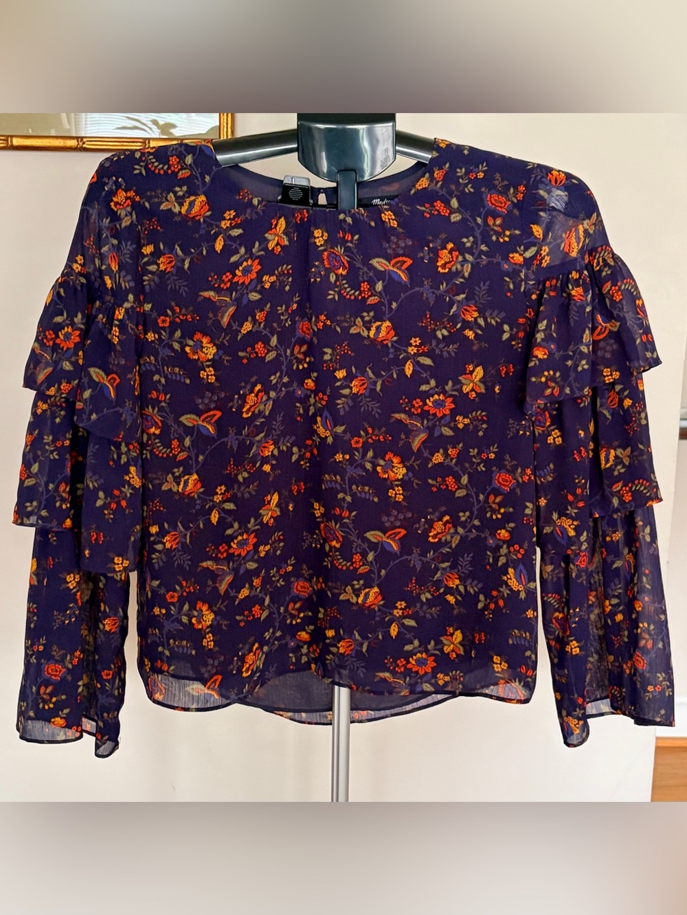 Madewell Floral Ruffle-Sleeve Blouse with Red and Orange Accents